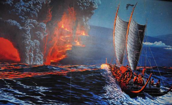 Antigos havaianos observam uma erupção vulcânica, em belo quadro no museu do parque dos vulcões, em Volcano, na Big Island, no Havaí